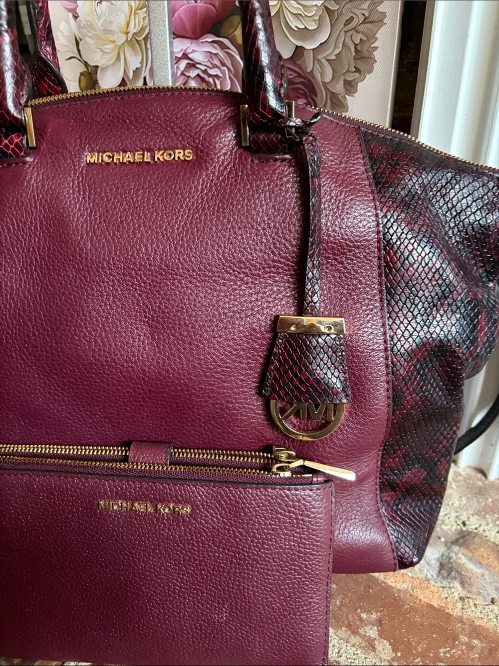 Michael Kors Plum Leather Satchel with Snake-Trim and Wristlet